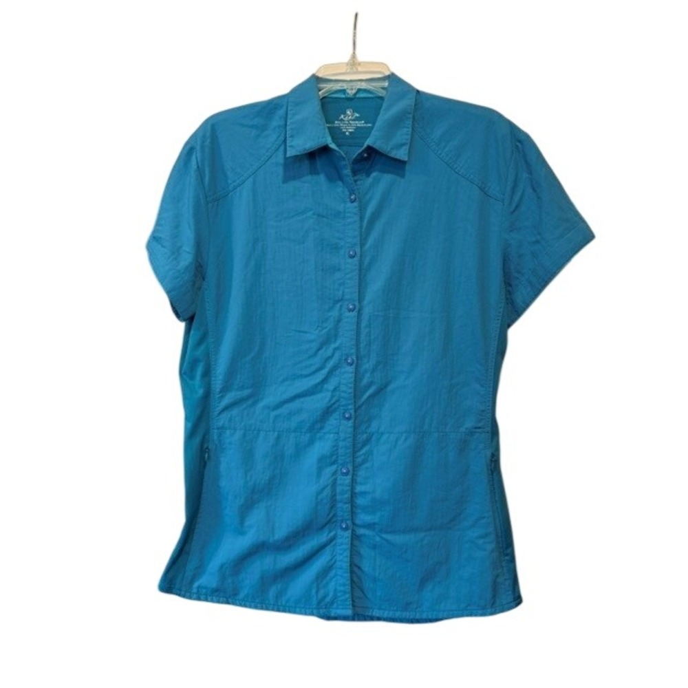 Kuhl Women's XL Teal Short Sleeve Button Down Hiking Travel Outdoor Shirt EUC